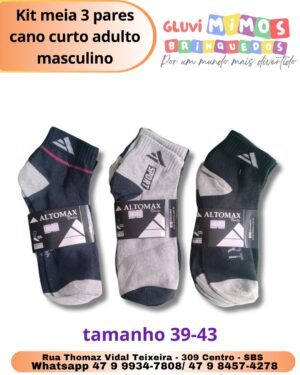 Kit meia 3 pares cano curto adulto masculino