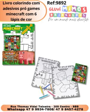 Livro colorindo com adesivos pró games minecraft com 6 lápis de cor