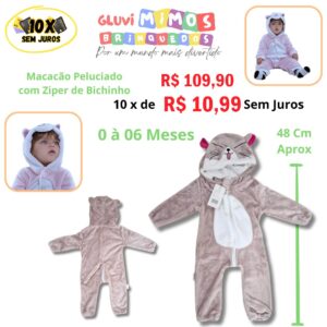 Macacão Peluciado  com Ziper de Bichinho 0 a 6 meses- Cinza