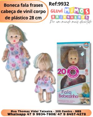 Boneca fala frases cabeça de vinil corpo de plástico 28 cm