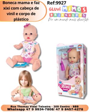 Boneca mama e faz xixi com cabeça de vinil e corpo de plástico