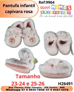 Pantufa infantil capivara rosa
