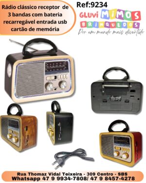 Rádio clássico receptor  de 3 bandas com bateria recarregável entrada usb cartão de memória