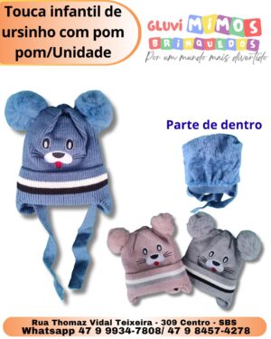 Touca infantil de ursinho com pom pom/Unidade