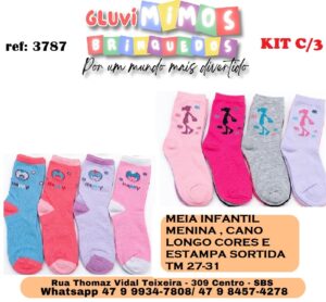 Meia infantil menina cano longo cores e estampas sortidas T 27-31