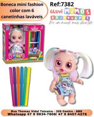 Boneca mini fashion color com 6 canetinhas laváveis