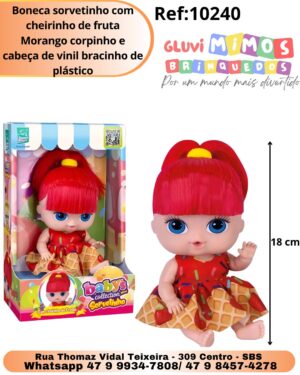 Boneca sorvetinho com cheirinho de fruta Morango corpinho e cabeça de vinil bracinho de plástico