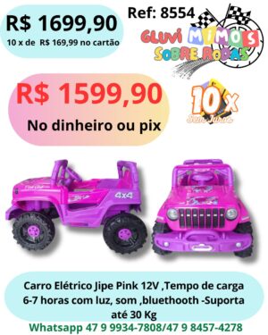 Carro Elétrico Jipe Pink 12V ,Tempo de carga 6-7 horas com luz, som ,bluethooth -Suporta até 30 Kg
