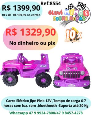 Carro Elétrico Jipe Pink 12V ,Tempo de carga 6-7 horas com luz, som ,bluethooth -Suporta até 30 Kg