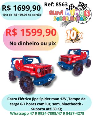 Carro Elétrico Jipe Spider man 12V ,Tempo de carga 6-7 horas com luz, som ,bluethooth -Suporta até 30 Kg