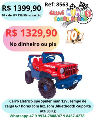Carro Elétrico Jipe Spider man 12V ,Tempo de carga 6-7 horas com luz, som ,bluethooth -Suporta até 30 Kg