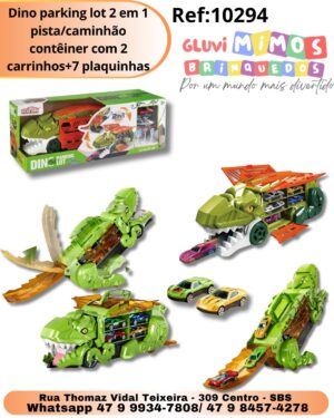 Dino parking lot 2 em 1 pista/caminhão contêiner com 2 carrinhos+7 plaquinhas