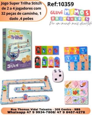 Jogo Super Trilha Stitch de 2 a 4 jogadores com 32 peças de caminho, 1 dado ,4 peões
