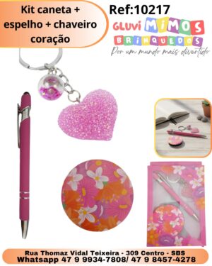 Kit caneta + espelho + chaveiro coração