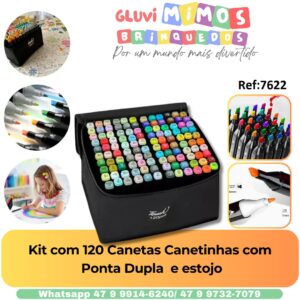 Kit com 120 Canetas Canetinhas com  Ponta Dupla  e estojo