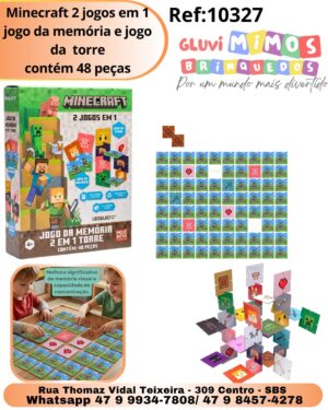 Minecraft 2 jogos em 1 jogo da memória e jogo da  torre contém 48 peças