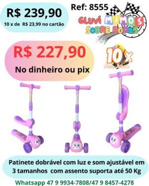Patinete dobrável com luz e som ajustável em 3 tamanhos  com assento suporta até 50 Kg