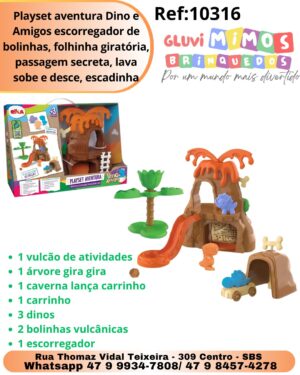 Playset aventura Dino e Amigos escorregador de bolinhas, folhinha giratória, passagem secreta, lava sobe e desce, escadinha