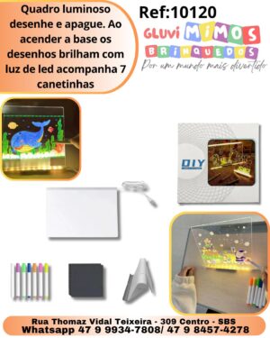Quadro luminoso desenhe e apague. Ao acender a base os desenhos brilham com luz de led acompanha 7 canetinhas