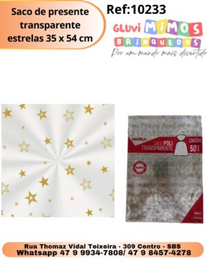 Saco de presente transparente estrelas 35 x 54 cm