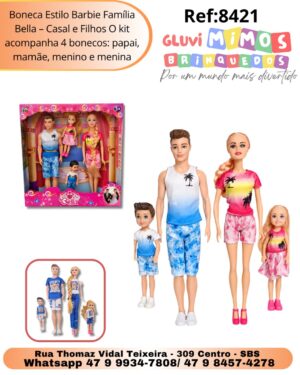Boneca Estilo Barbie Família Bella – Casal e Filhos O kit acompanha 4 bonecos: papai, mamãe, menino e menina