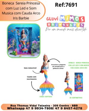 Boneca  Sereia Princesa com Luz Led e Som Musica com Cauda Arco Iris Barbie