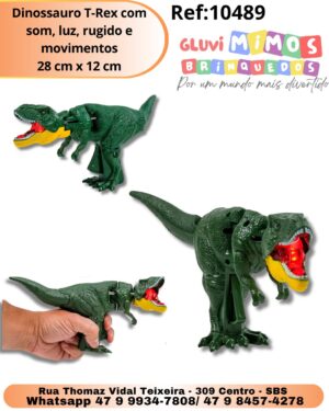 Dinossauro T-Rex com som, luz, rugido e movimentos 28 cm x 12 cm