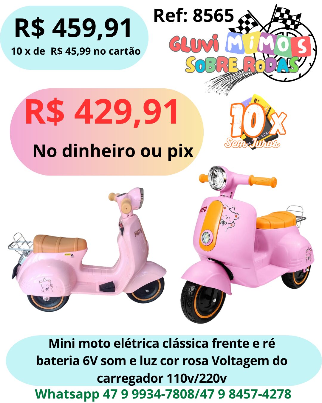 Mini moto elétrica clássica frente e ré bateria 6V som e luz cor rosa Voltagem do carregador 110v/220v