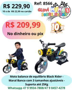 Moto balance de equilíbrio Black Rider - Maral Banco com 3 tamanhos ajustáveis - Suporta até 25Kg