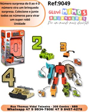 Número surpresa do 0 ao 4 O número vira um brinquedo surpresa. Colecione e junte todos os números para virar um super robô Unidade