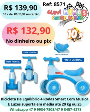 Bicicleta De Equilíbrio Azul 4 Rodas Smart Com Musica E Luzes