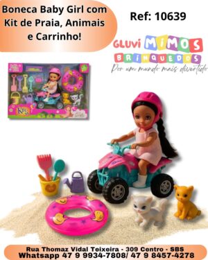 Boneca Baby Girl com Kit de Praia, Animais e Carrinho!