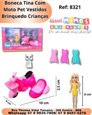 Boneca Tina Com Moto Pet Vestidos Brinquedo Crianças