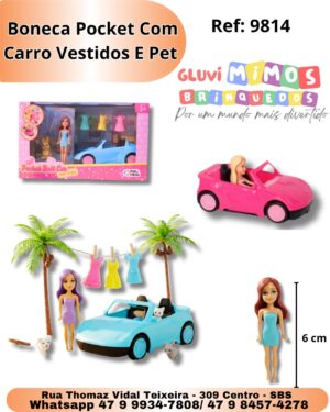 Boneca Pocket Com Carro Vestidos E Pet
