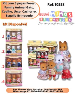 Kit com 3 peças Forest Family Animal Gato, Coelho, Urso, Cachorro, Esquilo Brinquedo