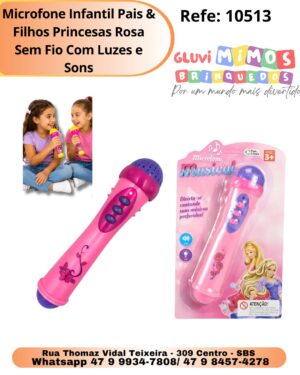 Microfone Infantil Pais & Filhos Princesas Rosa Sem Fio Com Luzes e Sons