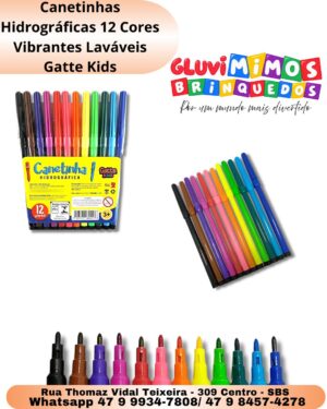 Canetinhas Hidrográficas 12 Cores Vibrantes Laváveis Gatte Kids