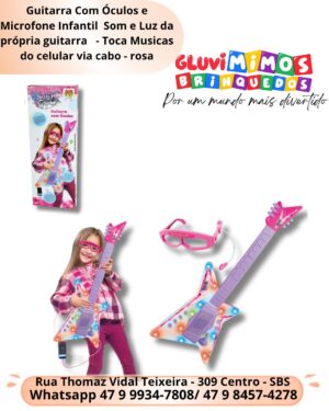 Guitarra Com Óculos e Microfone Infantil  Som e Luz da própria guitarra   - Toca Musicas do celular via cabo - rosa