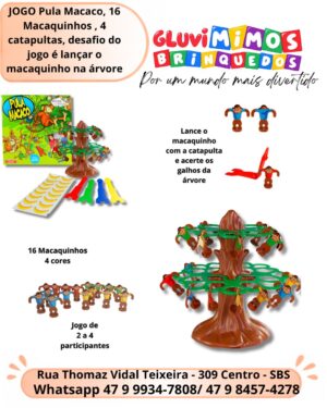 JOGO Pula Macaco, 16 Macaquinhos , 4 catapultas,: desafio do jogo é lançar o macaquinho na árvore