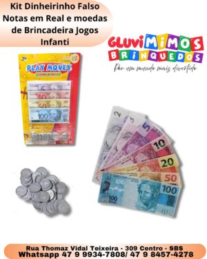 Kit Dinheirinho Falso Notas em Real e moedas de Brincadeira Jogos Infanti