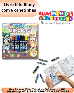 Livro fofo Bluey com 6 canetinhas