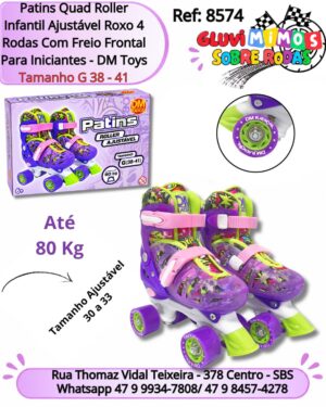 Patins Quad Roller Infantil Ajustável Roxo 4 Rodas Com Freio Frontal Para Iniciantes - DM Toys Tamanho G 38 - 41