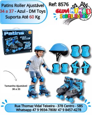 Patins Roller Ajustável 34 a 37 - Azul - DM Toys Suporta Até 60 Kg