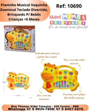 Pianinho Musical Vaquinha Zoonimal Teclado Divertido,  Brinquedo P/ Bebês Crianças +6 Meses