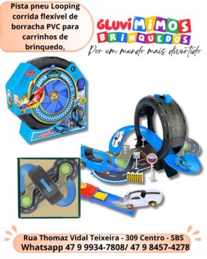 Pista pneu Looping corrida flexível de borracha PVC para carrinhos de brinquedo,  Azul/Vermelho
