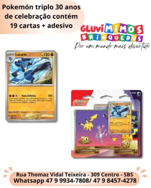 Pokémon triplo 30 anos de celebração contém 19 cartas + adesivo