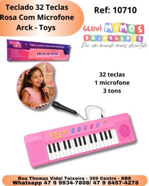 Teclado Infantil  Rosa 32 Teclas Com Microfone Karaokê