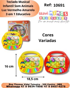 Teclado Musical Infantil Som Animais Luz Vermelho Amarelo 3 em 1 Educativo