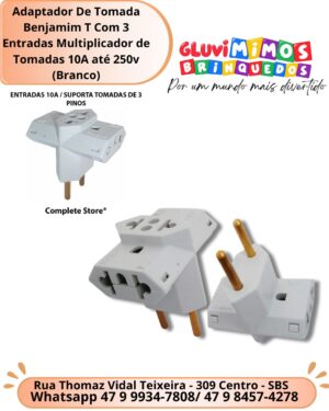 Adaptador De Tomada Benjamim T Com 3 Entradas Multiplicador de Tomadas 10A até 250v  (Branco)