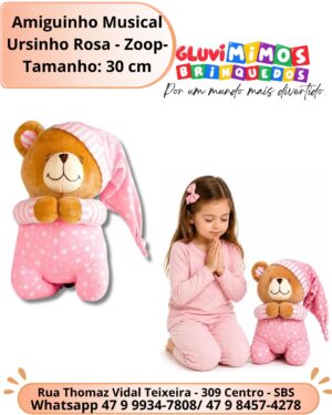 Amiguinho Musical Ursinho Rosa - Zoop-Tamanho: 30 cm